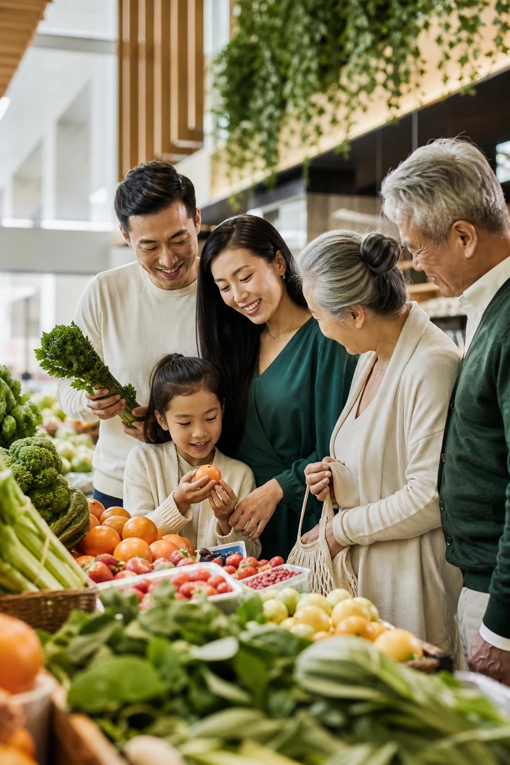 A multigenerational family shopping for fresh produce