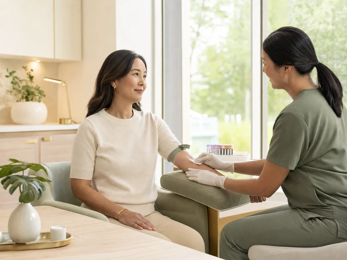 A woman receiving a calm preventive health blood draw